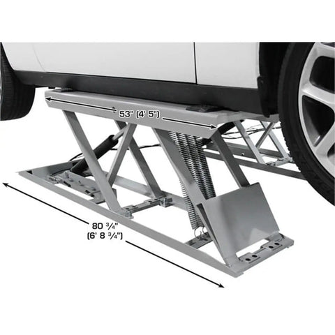 Premium Low Rise Scissors Lift Badass Garage Rig 6000 Pound Capacity Smooth Lifting Open Center Design Drive On Ramps Non Slip Pads Air Powered Single Point Release 110 Volt