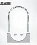 Front view of zinc-plated steel U-bolt muffler clamp with saddle and nuts