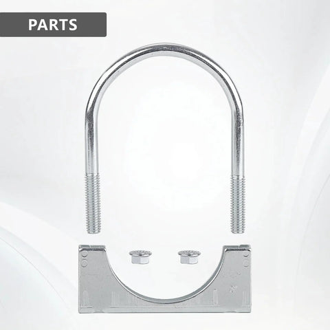 Front view of zinc-plated steel U-bolt muffler clamp with saddle and nuts