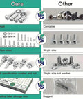 Comparison image showing Top Shelf 710 Piece 304 Stainless Steel Fastener Kit features like anti-rust, multiple sizes, and storage box.