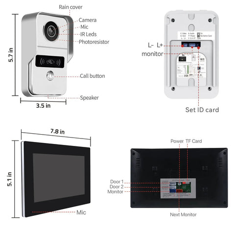 Wireless Video Doorbell Intercom Kit With 7 Inch Screen And 1080P HD Camera WiFi Smart Home Door Phone diagram and dimensions