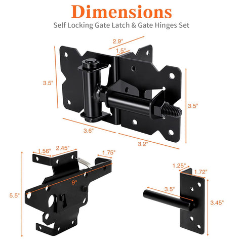 Dimensions of Self Closing Gate Hinge And Latch Kit For Vinyl And Wood Fence Gates Kid Safe Heavy Duty Gate Hardware With Self Locking Latch Adjustable Hinges And Included Screws 2 Latches And 4 Hinges Easy Installation, black steel