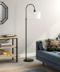 Black 70 Inch Arc Floor Lamp With Fabric Shade In Brass White Modern Curved Arm Reading Light For Living Room Near Blue Sofa