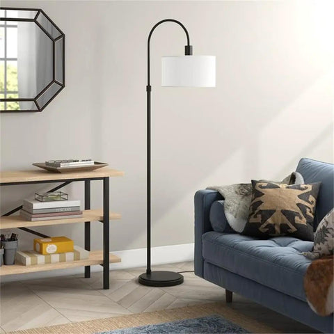 Black 70 Inch Arc Floor Lamp With Fabric Shade In Brass White Modern Curved Arm Reading Light For Living Room Near Blue Sofa