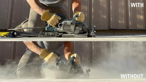 Comparison of using DustBuddie Universal Dust Shroud for 7-1/4 Inch Worm Drive Circular Saws with and without dust collection on site.