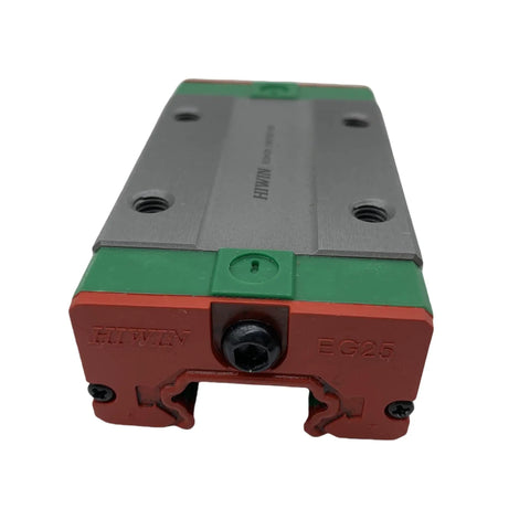 Close-up of Beefed Up Linear Guide EGH25CA Carriage And Rail Set showing end detail with mounting holes for CNC machines.