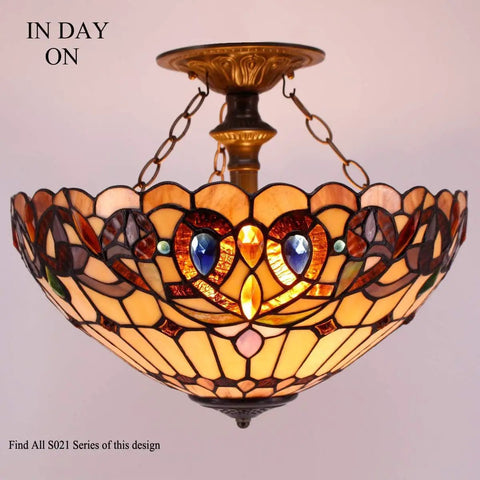 Tiffany Style Stained Glass Lamp Shade Replacement 16x8 Inch With Cap For Table Lamp Pendant Light Or Ceiling Fixture Cozy Glow Serenity Victorian Design For Warm Ambience And Vintage Vibe displaying intricate patterns with colorful glass and chain attachment.