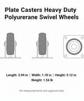 Diagram of heavy duty polyurethane plate casters dimensions, ideal for industrial carts, welding stations, and service bays.
