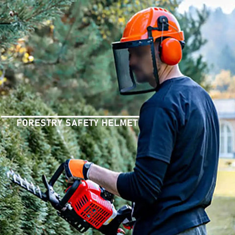 All In One Industrial Forestry Safety Helmet With Adjustable Mesh Face Shield And Ear Muffs For Chainsaw Use Eye And Hearing Protection Arborist Gear Pro Grade PPE For Outdoor Forestry Tasks Orange worn by a person using a chainsaw in a garden setting