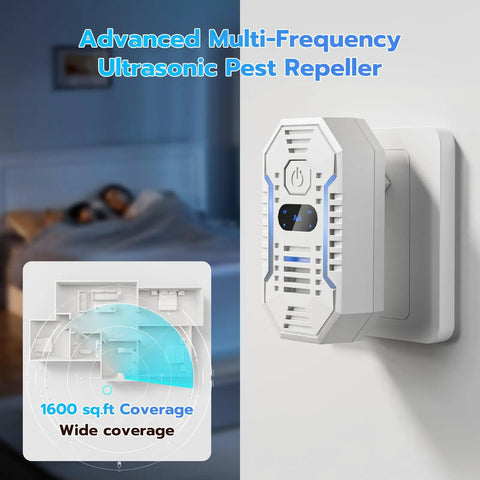 Plug In Ultrasonic Pest Repeller 4 Pack Indoor Multi Frequency Rodent And Insect Deterrent device plugged in wall outlet.