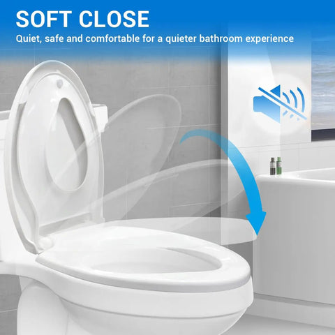 Round Toilet Seat Featuring A Built In Toddler Booster Tray And Smooth Operator Soft Close Lid Plus Rock Solid Construction Supporting Four Hundred Pounds With A Zero Hassle Boltless Setup