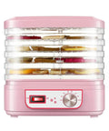 Five Layer Electric Food Dehydrator With Adjustable Shelves For Home Fruit Vegetable And Meat Jerky Drying Countertop Appliance in pink.