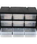 Front view of Nine Drawer Plastic Storage Cabinet for tools and craft supplies, black frame with clear drawers for easy access.