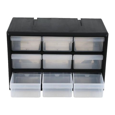 Front view of Nine Drawer Plastic Storage Cabinet for tools and craft supplies, black frame with clear drawers for easy access.