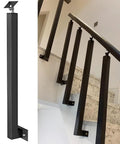 Heavy Duty Matte Black Deck Railing Post And Banister Column Built Tough For Quick Side Mount Installation On Staircase Handrail Balusters Porch Yard Balcony Fence Spindle Kit, side view with stair railing.