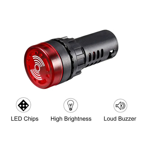 Red Indicator Light With Buzzer For 24V AC DC, 22mm Panel Mount, flashing alarm, high brightness LED, intermittent buzzer, panel lock nut