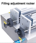 Filling adjustment rocker on Heavy Duty Horizontal Pneumatic Piston Liquid Filling Machine Stainless Steel Double Head Zero Mess Auto Bottle Filler.