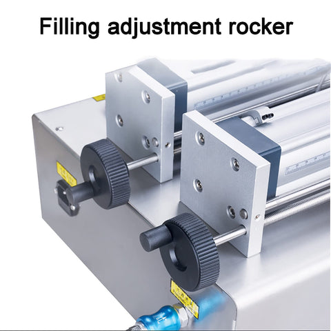 Filling adjustment rocker on Heavy Duty Horizontal Pneumatic Piston Liquid Filling Machine Stainless Steel Double Head Zero Mess Auto Bottle Filler.