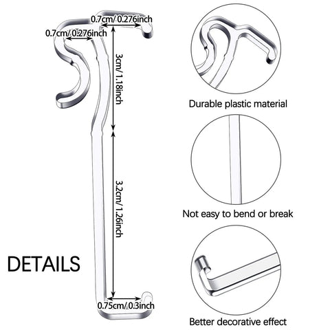 Clear 20 Pack Valance Clips for Horizontal Blinds Total Invisible Hook Set details showing durable plastic construction and sizes.