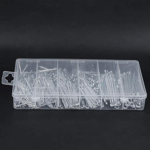 Heavy Duty Cotter Pin Assortment Kit With 555 Split Pins And Durable Case For Industrial Machinery Maintenance Jobs Across Various Sizes Made From Quality Iron in transparent case.