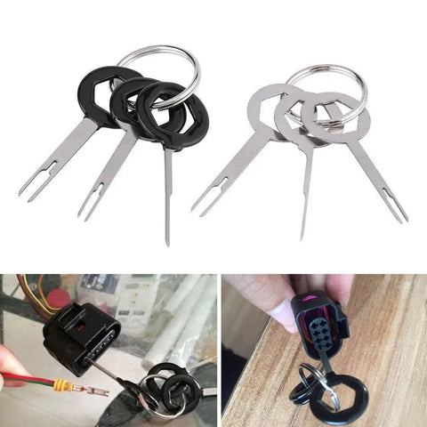 Heavy Duty Wire Terminal Removal Tool Set Three Piece Kit For Auto Electrical Plug Connector Pin Extractor With Comfortable Metal Handle reliable extraction tool set with metal handles and pin removers.