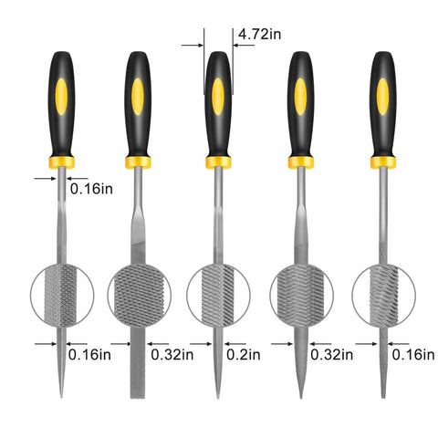Mini Metal Needle File Set 5pc Dope Pro Grade Hand Files for detail work shown with handles and file measurements