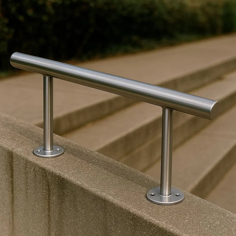 Stainless steel handrail with two vertical posts mounted on a concrete barrier with flange bases