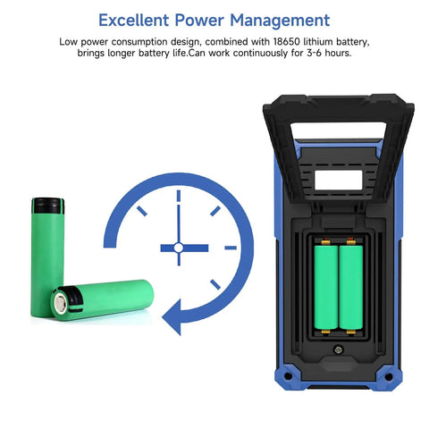 Open battery compartment of Handheld Oscilloscope And Multimeter Combo with two 18650 lithium batteries and clock icon.