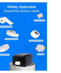 Slick Mini Thermal Label Printer Featuring Wireless Wifi And Usb Hookup As A Total Game Changer For Rapid Shipping DIY Crafting At Home Or Side Hustle Barcode Tape Maker showing various labels like price tags and garment hang tags.
