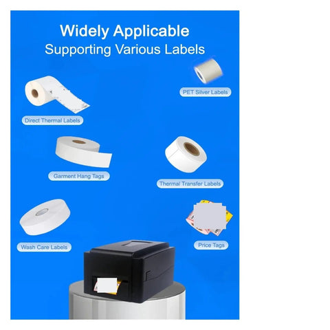 Slick Mini Thermal Label Printer Featuring Wireless Wifi And Usb Hookup As A Total Game Changer For Rapid Shipping DIY Crafting At Home Or Side Hustle Barcode Tape Maker showing various labels like price tags and garment hang tags.