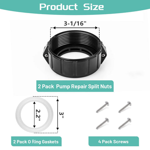 Spa hot tub heater pump union split nut, black plastic, 2-inch, with 4 screws and 2 O-ring gaskets