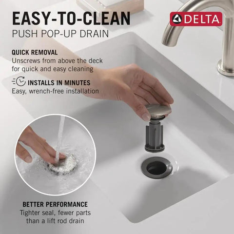 Demonstration of push pop-up drain removal with No Fuss Low Flow Brushed Nickel Single Hole Bathroom Faucet for Vanity