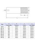 Diagram of 5Pcs M5 X 10mm Slotted Cylindrical Dowel Pin Set In 304 Stainless Steel showing dimensions and slot width for cabinet assembly.
