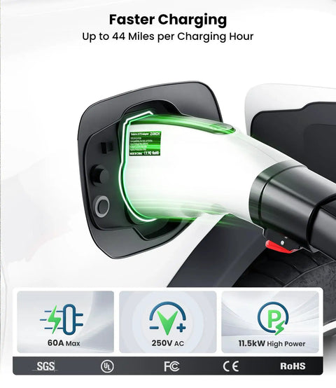 Road Trip Ready Tesla To J1772 Adapter 60 Amp 250 Volt Nacs Connector with charging indicator and power output details.