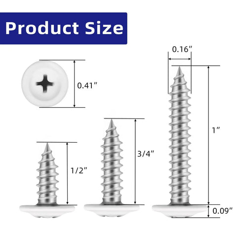 Product size image of Heavy Duty White Truss Head Wood Screws 120 Piece Pack with dimensions for easy reference.