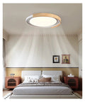Modern Invisible Ceiling Fan with Light for Bedroom, Acrylic Bladeless Wood, 48cm chandelier light above a cozy bed.