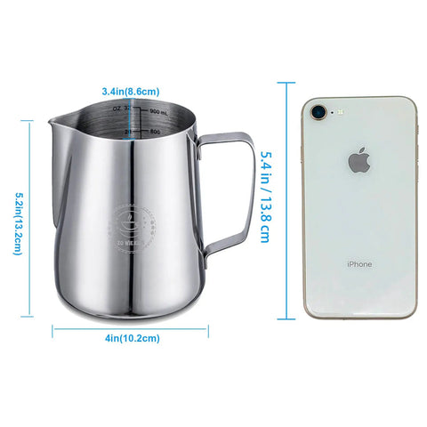 32 Oz Milk Frothing Pitcher for Espresso and Latte Art Stainless Steel 304 Jug next to iPhone for size comparison