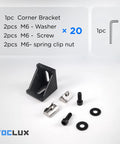 Beefy Black 4040 Aluminum Extrusion Corner Bracket Kit showing corner bracket, M6 spring T nuts, screws, washers, and ball-end hex wrench