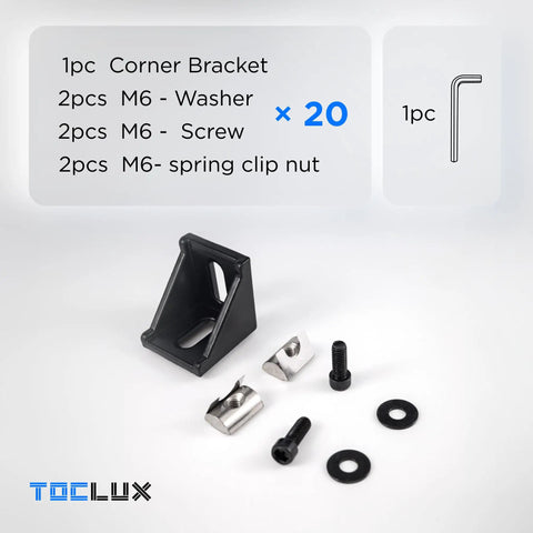 Beefy Black 4040 Aluminum Extrusion Corner Bracket Kit showing corner bracket, M6 spring T nuts, screws, washers, and ball-end hex wrench