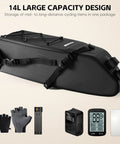 Big Capacity Waterproof Bike Seat Bag 10 To 14L with roll top closure and anti slip buckles, shown with cycling gear for storage.
