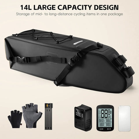 Big Capacity Waterproof Bike Seat Bag 10 To 14L with roll top closure and anti slip buckles, shown with cycling gear for storage.