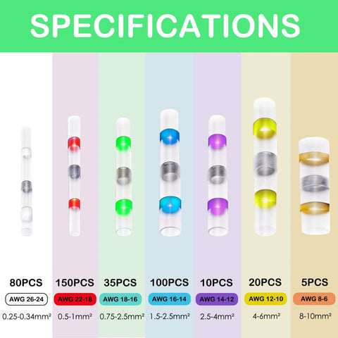 Heat-shrink solder connectors set for waterproof wire sealing; assorted sizes (80/150/35/100/10/20/5 pcs)