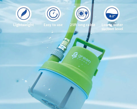 Handy Submersible Utility Water Pump One Sixth HP With 25 Ft Power Cord submerged in water, 25 ft cord visible