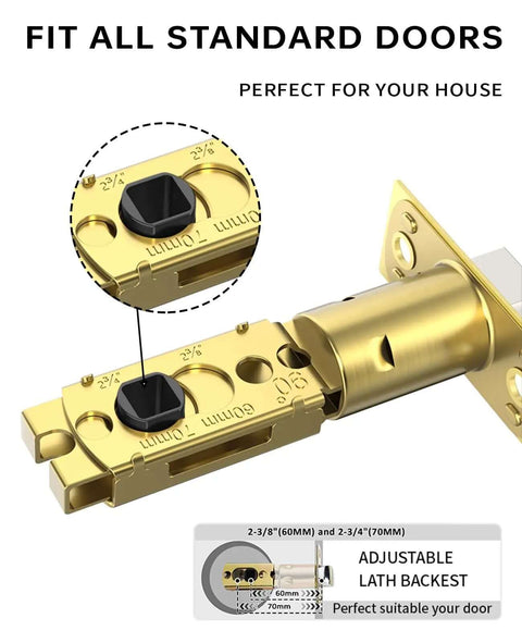 Adjustable latch of the Gold Privacy Door Handle Set With Keyless Interior Button for standard doors, features brushed gold finish.