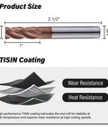 Illustration of 3/8 Inch Carbide Square End Mills Set, 4 Flute, HRC55 TiSiN Coated End Milling Bits, showing size and coating features.