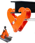 Orange vertical beam clamp for steel I-beams, 3–9 in opening, 2-ton capacity, heavy-duty rigging tool