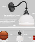 SongCiLT Vintage Wall Sconce 1-Light with White Striped Glass Globe Shade in matte black finish with measurements.