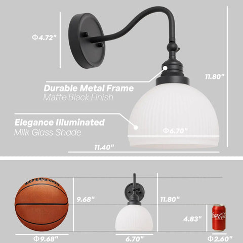 SongCiLT Vintage Wall Sconce 1-Light with White Striped Glass Globe Shade in matte black finish with measurements.