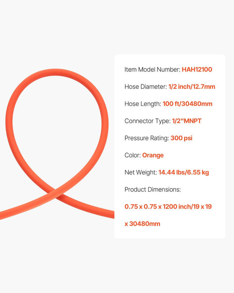 Heavy Duty 1/2 Inch By 100 Foot Air Compressor Hose With Solid Brass Fittings, orange, 300 psi, kink-free tubing.