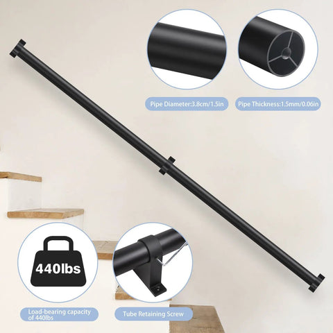 Industrial Pipe Stair Railing Badass Grip For Indoor And Outdoor Stairs Wall Mount Aluminum Handrail with 1.5-inch pipe diameter.